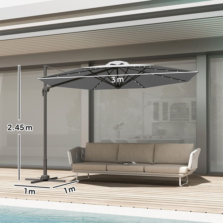 MCL 3(m) Cantilever Roma Parasol Patio Sun Umbrella with Crank & Tilt LED Solar Light Cross Base 360° Rotating Outdoor, Dark Grey