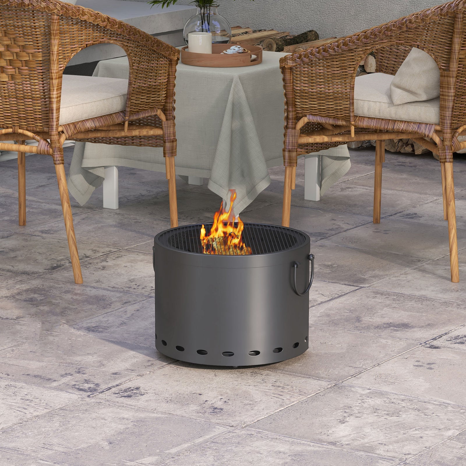 Smokeless Fire Pit, 38cm Portable Wood Burning Firepit with Spark Screen and Poker, Low Smoke Camping Bonfire Stove for Garden Patio Picnic, Dark Grey