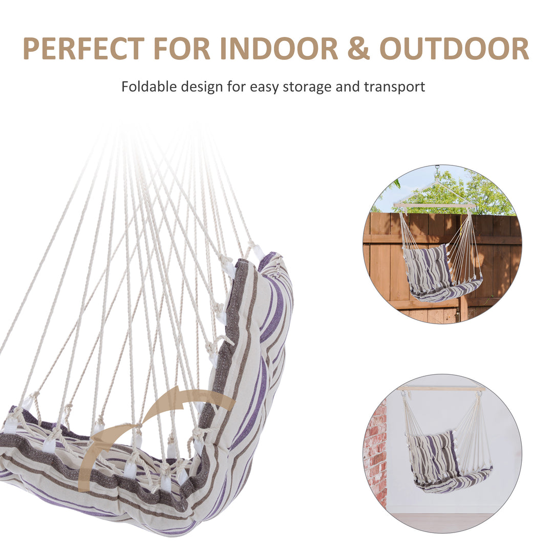 Outdoor Hanging Rope Chair with Soft Padded Seat & Backrest, Garden Hammock Chair with Wooden Support Bar Cotton Cloth, Portable Garden Chair for Patio & Tree, Brown