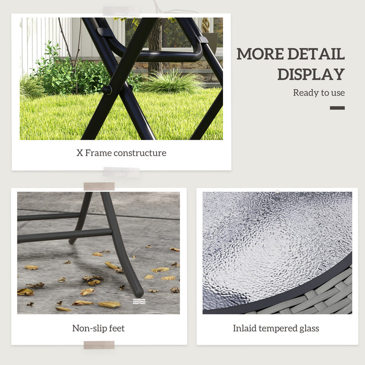 Folding Rattan Garden Dining Table, 68 cm Round Rattan Garden Table with Water Ripple Tempered Glass Top, Wicker Edging and Steel Frame for Outdoor, Patio, Grey