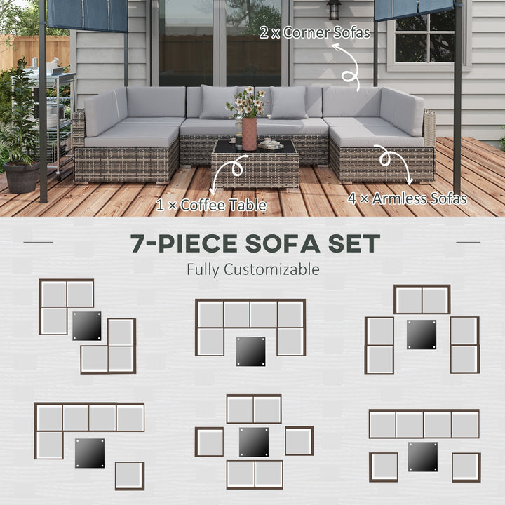 Seven-Piece Rattan Garden Set, with Glass-Top Table - Mixed Grey