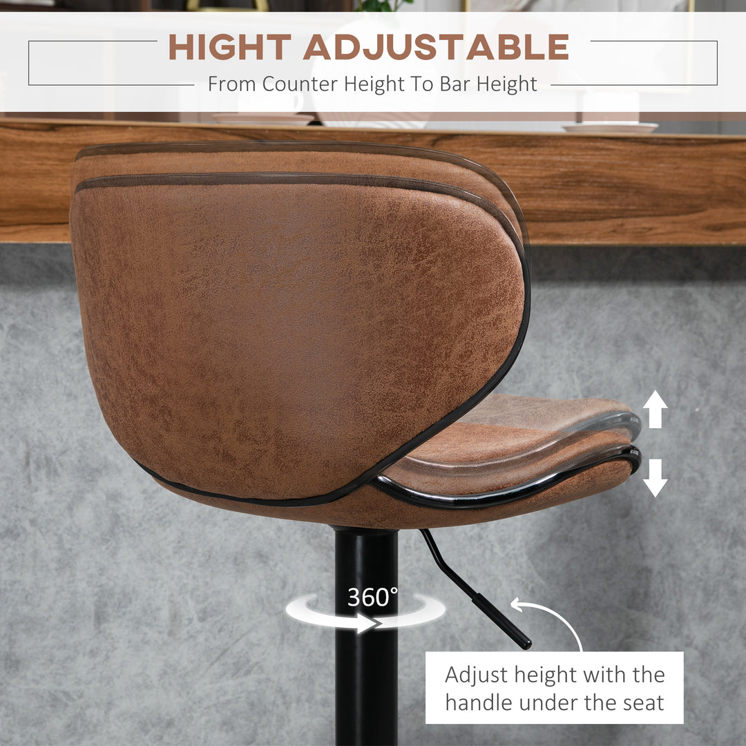 HOMCOM Bar Stool Set of 2 Microfiber Cloth Adjustable Height Armless Chairs with Swivel Seat, Brown | Aosom UK