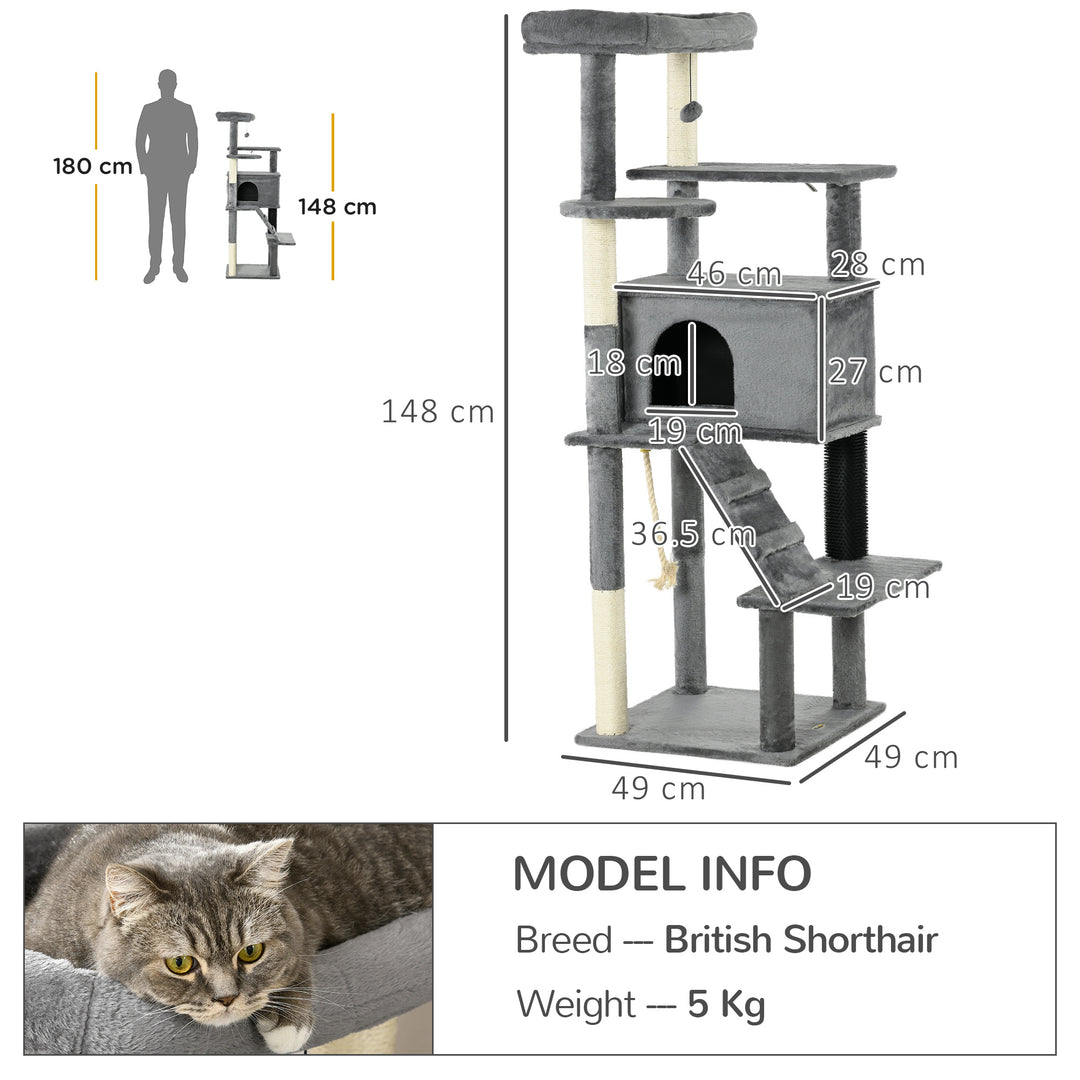 PawHut Cat Tree Tower for Indoor Cats, with Scratching Post, Cat House, Toy, Grey