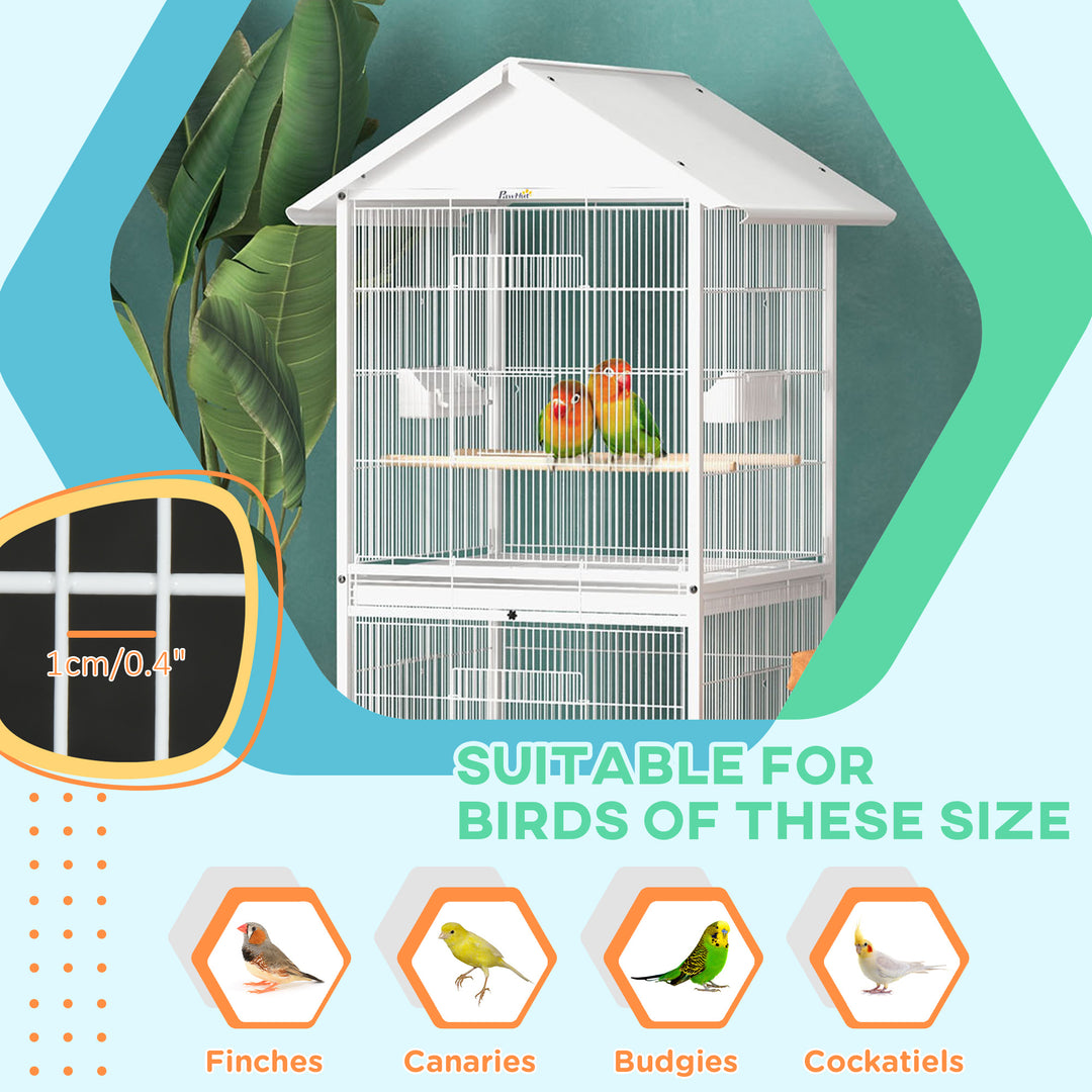 PawHut Budgie Cage with Rolling Stand, Perches, Wheels, Large Parrot Cage for Finch, Canary, Budgie, Cockatiel, White