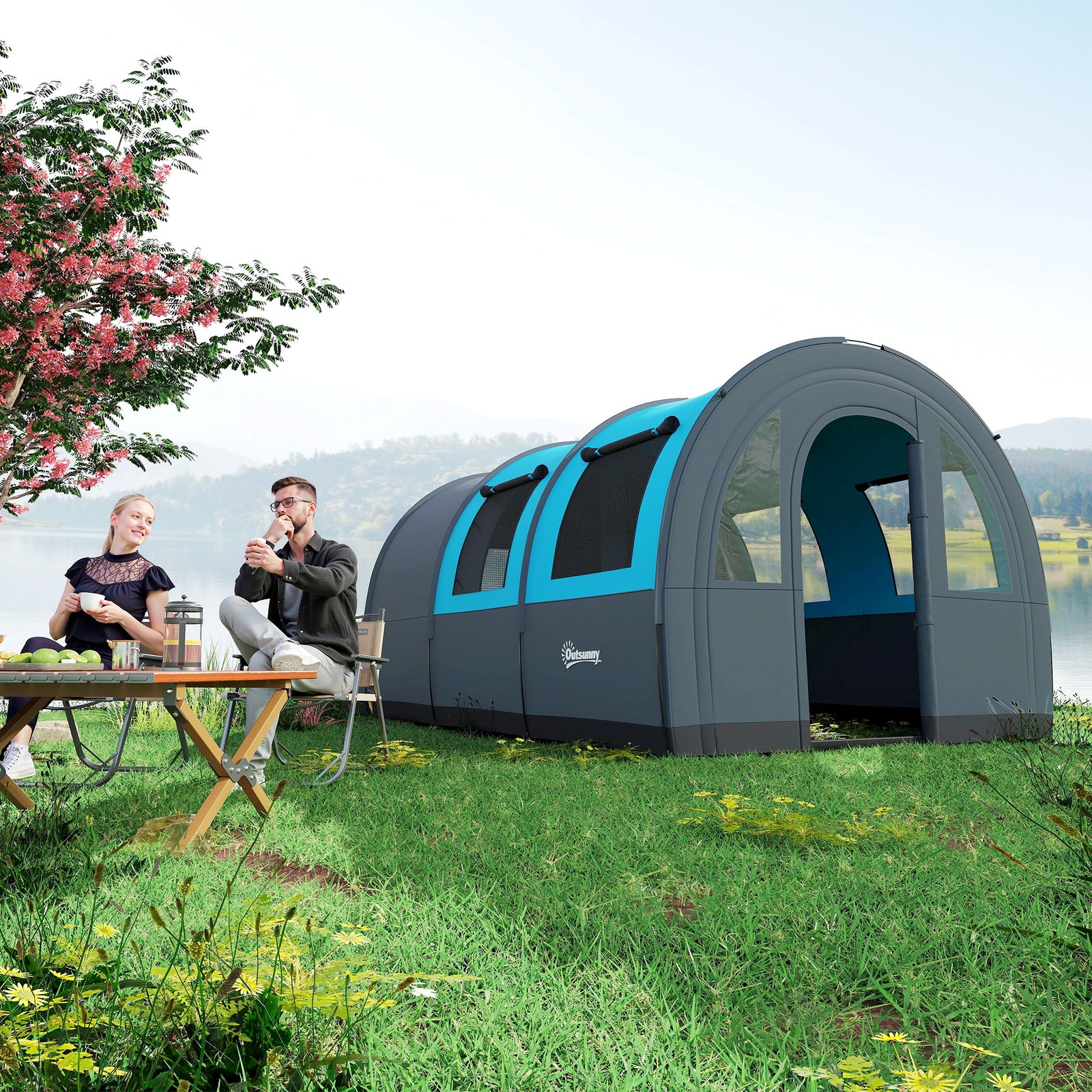 Six Man Duo Room Tunnel Tent, with Accessories - Grey/Blue