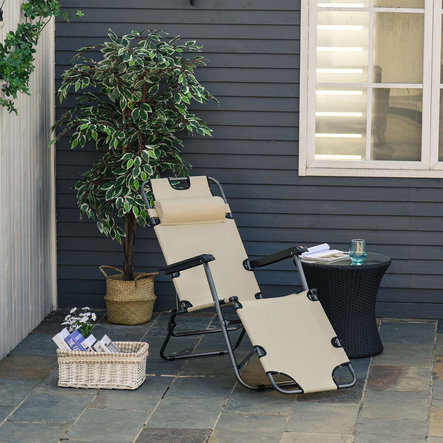 2 in 1 Folding Sun Lounger Reclining Garden Chair with 2-Level Adjustable Backrest, Outdoor Zero Gravity Recliner Garden Chair with Head Pillow and Armrests, Beige