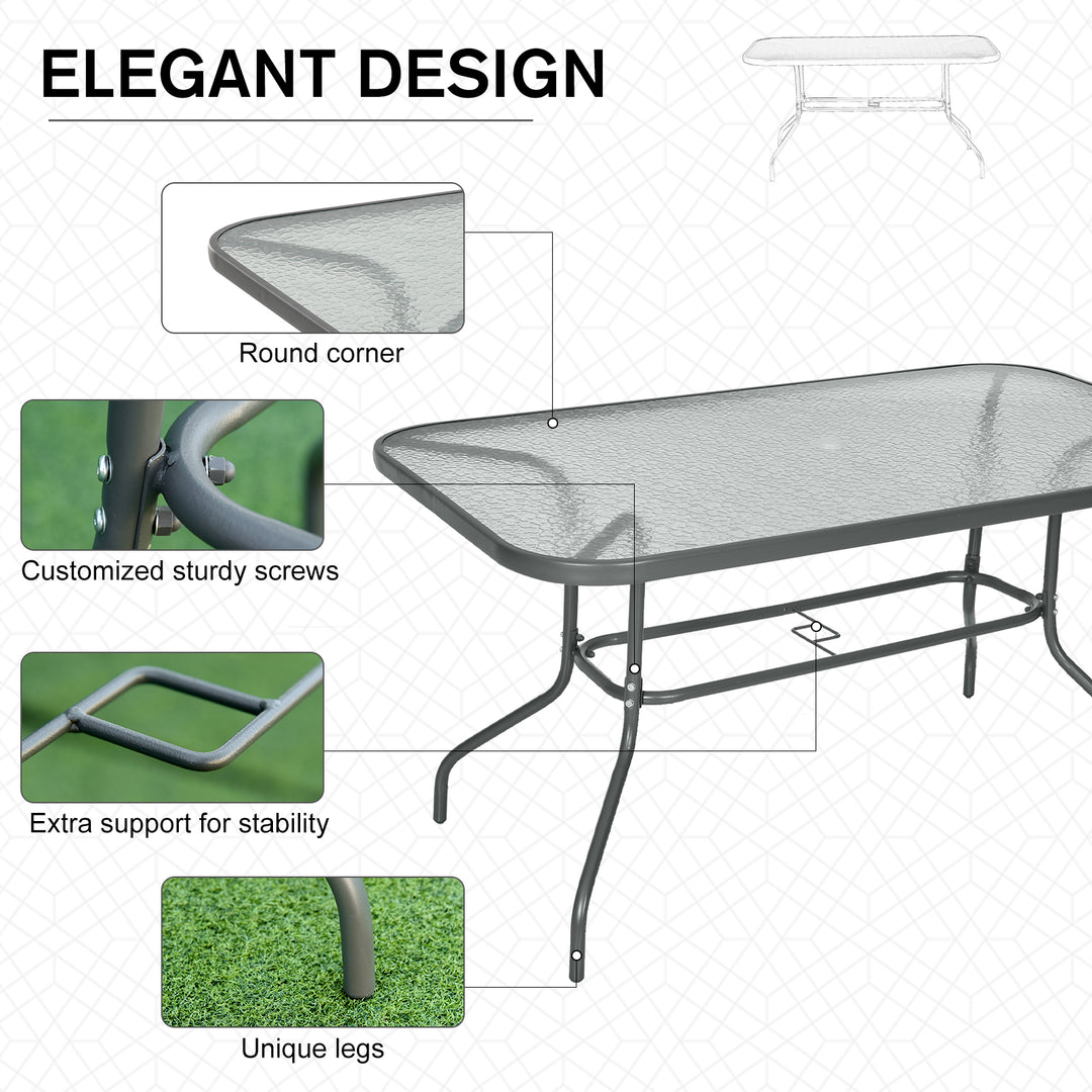 Outsunny Aquatex Glass Garden Table Curved Metal Frame w/ Parasol Hole 4 Legs Outdoor Dining Sturdy Balcony Friends Family Tempered Grey | Aosom UK