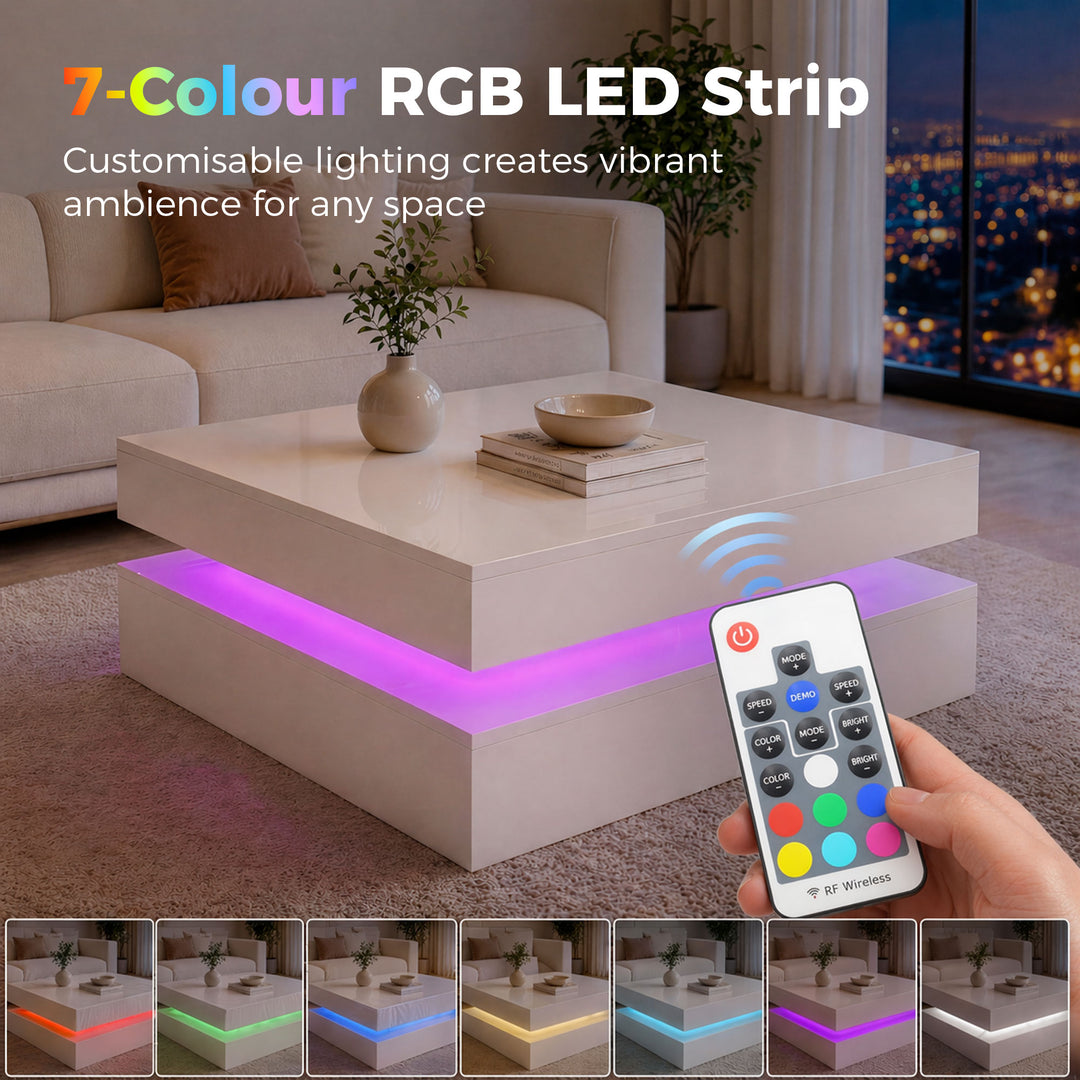 LED Coffee Table with Storage, 2-Tier Modern Centre Table with Open Sh