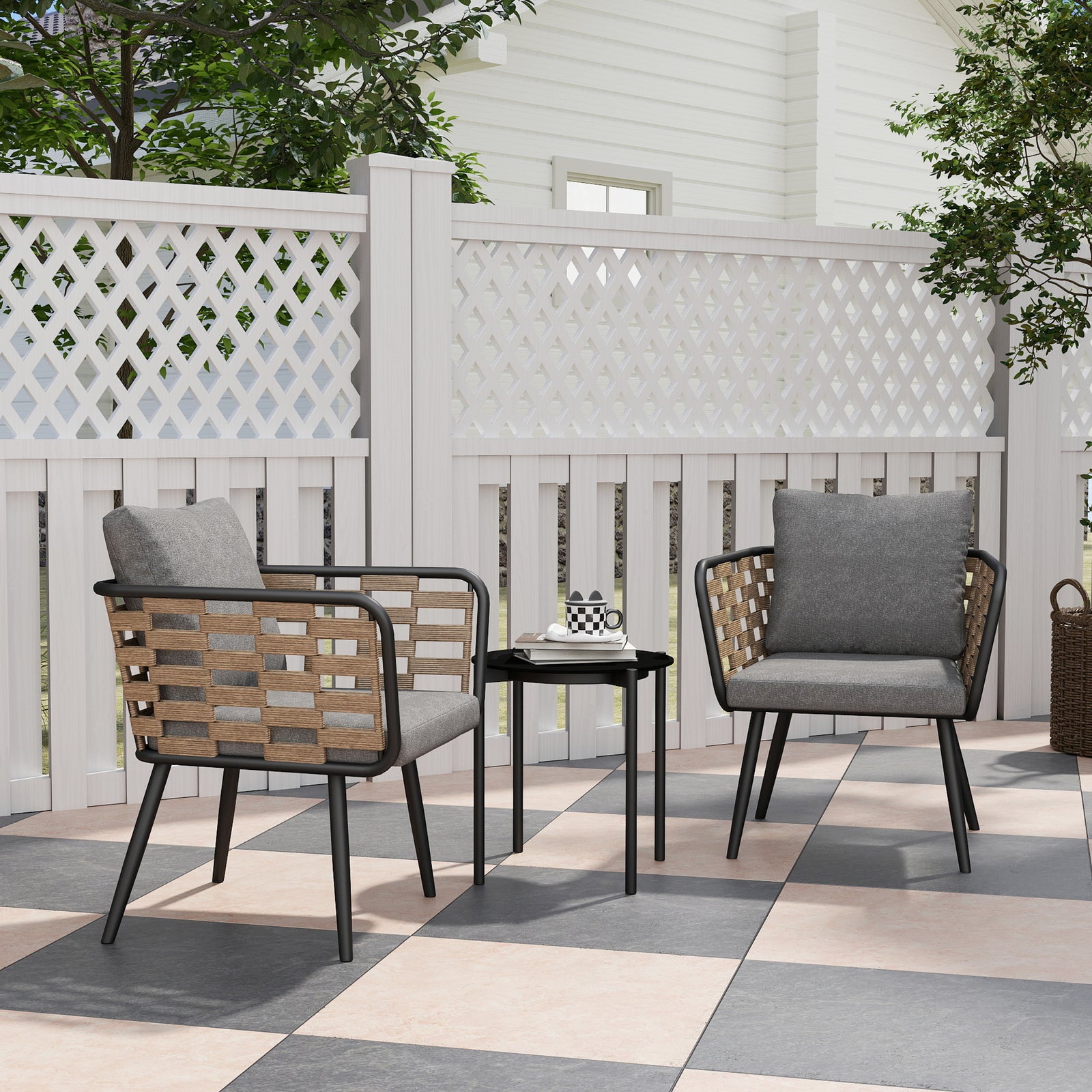 3 Pieces Rattan Bistro Set with Washable Seat and Back Cushions, Glass Top Coffee Table, for Outdoor, Patio, Black