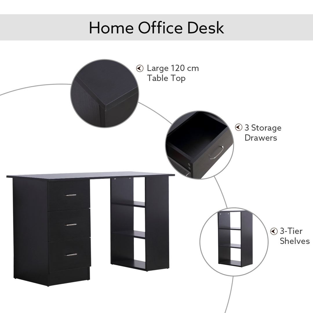 HOMCOM Computer Desk with Drawers Writing PC Table Workstation Laptop Study Stationery Cupboard w/ 3 Shelf & Drawers - Black 120H cm