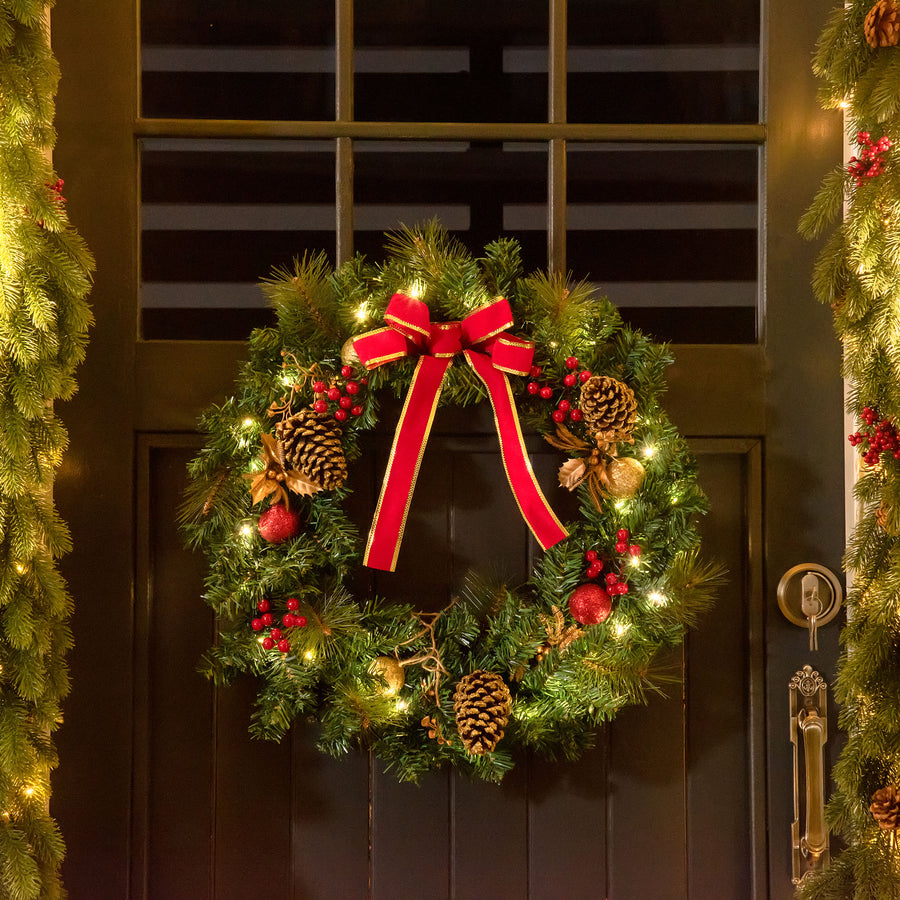 60cm Pre-Lit Artificial Christmas Door Wreath Holly LED Decor Pine Cones Hanging Glittered Festival Indoor Outdoor Decoration