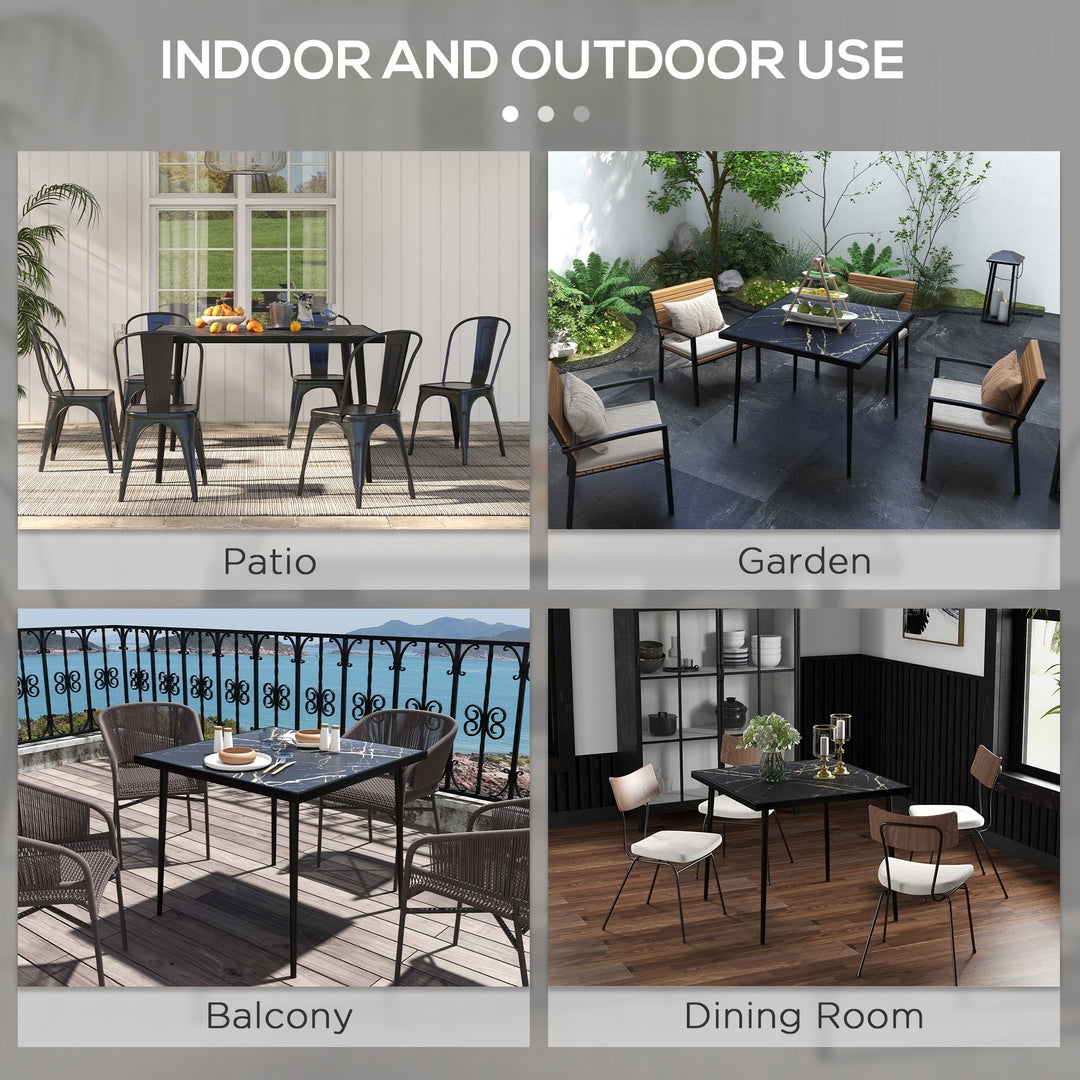 Outsunny Square Garden Table, Outdoor Dining Table for 4 with Marble Effect Tempered Glass Top and Steel Frame for Patio, Black