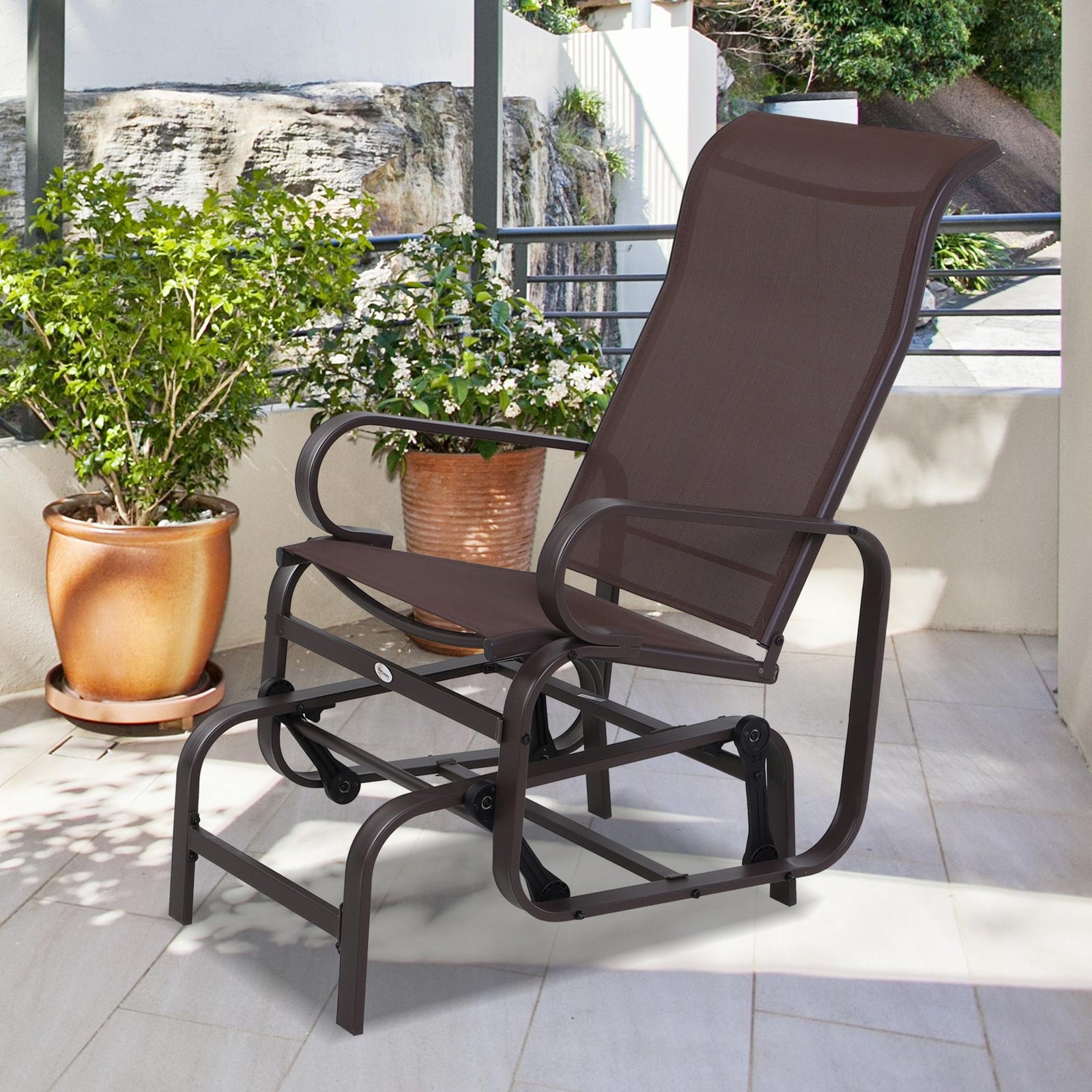 Outdoor Gliding Rocking Chair with Sturdy Metal Frame Garden Comfortable Swing Chair, Brown