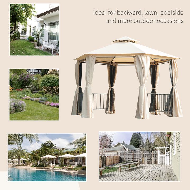 3 x 3 Hexagon Gazebo Patio Canopy Party Tent Outdoor Garden Shelter with 2 Tier Roof and Side Panel, Beige