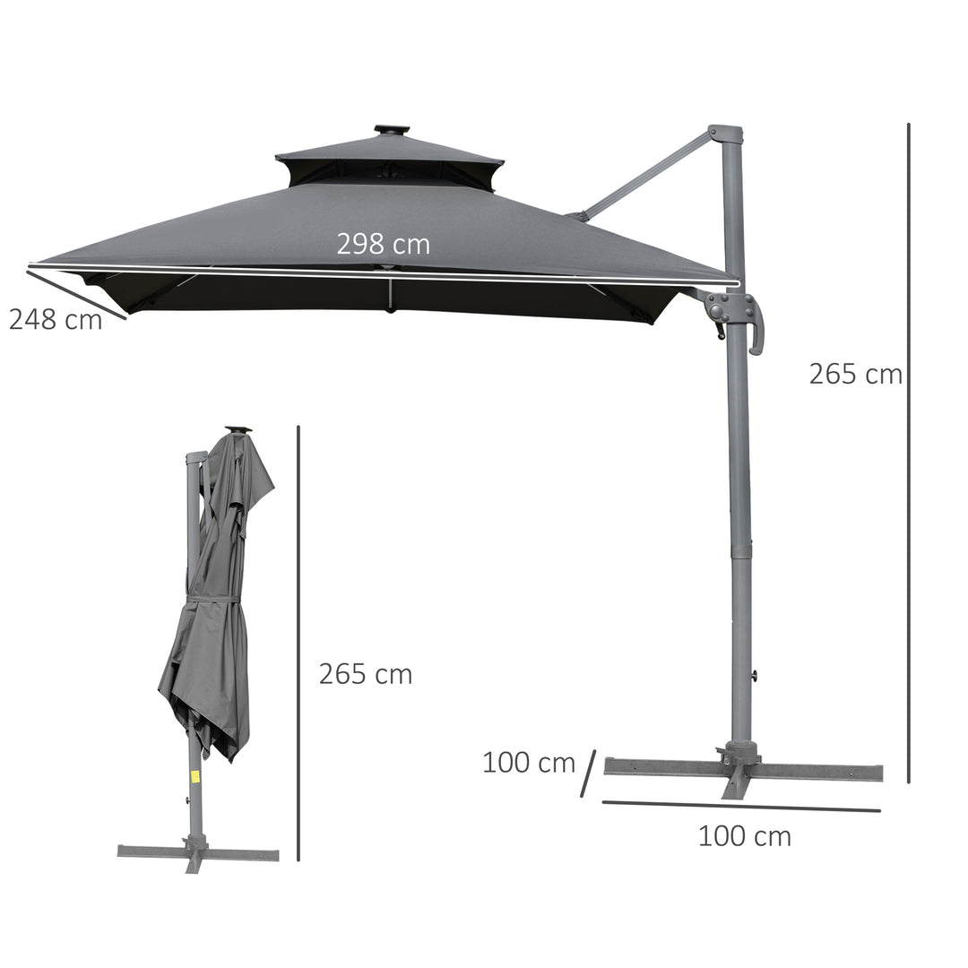 3m Cantilever Parasol, Outdoor Offset Patio Umbrella, Solar LED Lighted Hanging Sun Shade Canopy with Tilt and Crank Handle, Cross Base for Lawn, Beach and Poolside, Grey
