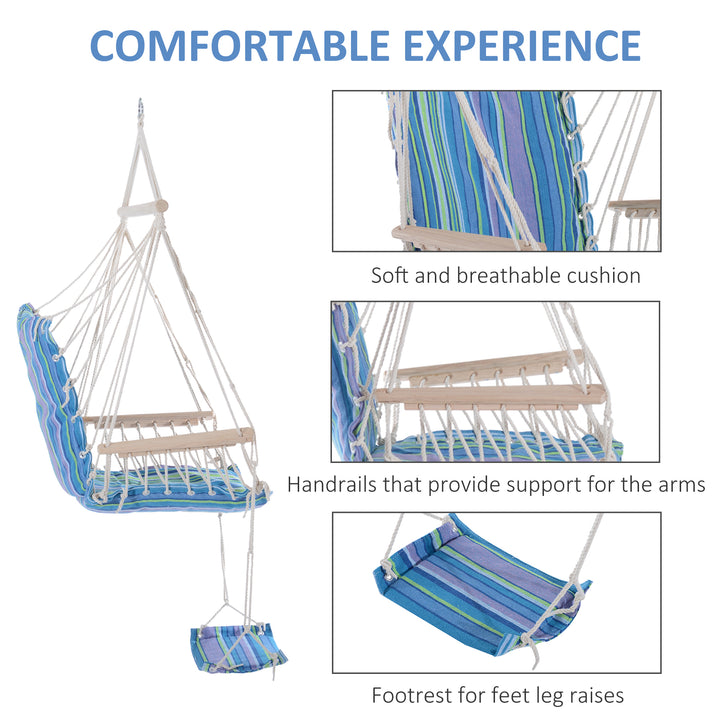 Hanging Rope Chair with Soft Padded Seat & Backrest, Portable Garden Hammoc Chair with Wooden Support Bar, Armrests, Cotton Cloth, Footrest, for Patio & Tree, Blue