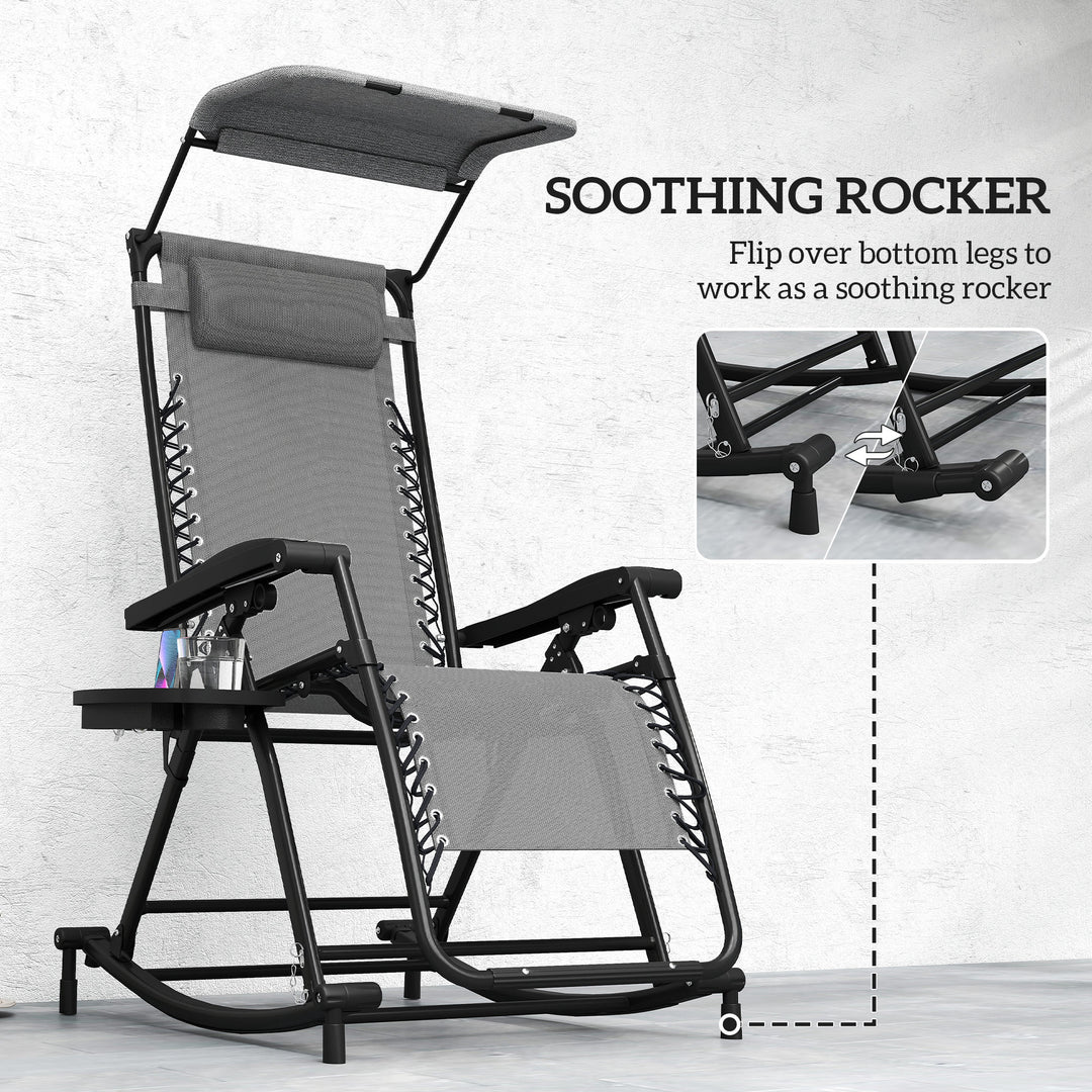 Garden Rocking Chair Folding Recliner Outdoor Adjustable Sun Lounger Rocker Zero-Gravity Seat with Headrest Side Holder Patio Deck - Grey