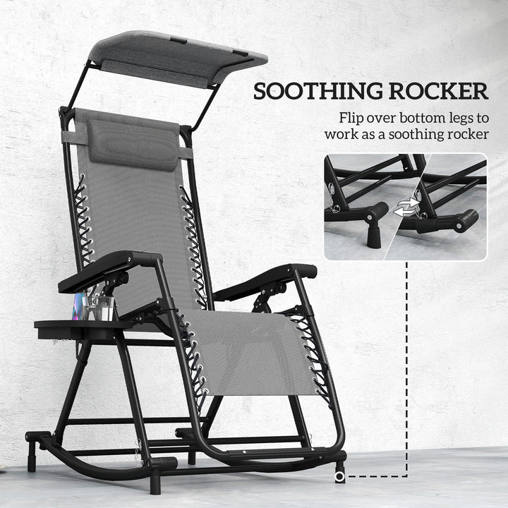 Garden Rocking Chair Folding Recliner Outdoor Adjustable Sun Lounger Rocker Zero-Gravity Seat with Headrest Side Holder Patio Deck - Grey
