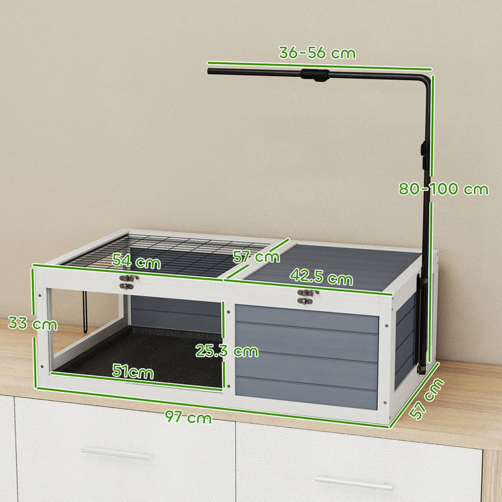 Tortoise Table with Adjustable Lamp Holder, Wooden Tortoise House w/ Openable Lids, Pull-Out Trays - Grey