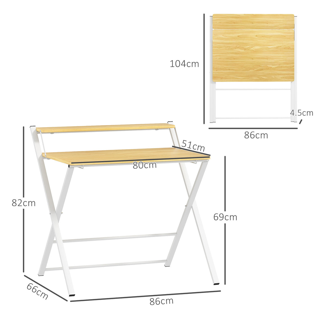 Compact Folding Desk for Small Spaces, Foldable Computer Desk with Storage Shelf for Home Office, 2-Tier Study Writing Table, 86 x 66 x 82 cm, Maple Wood-effect