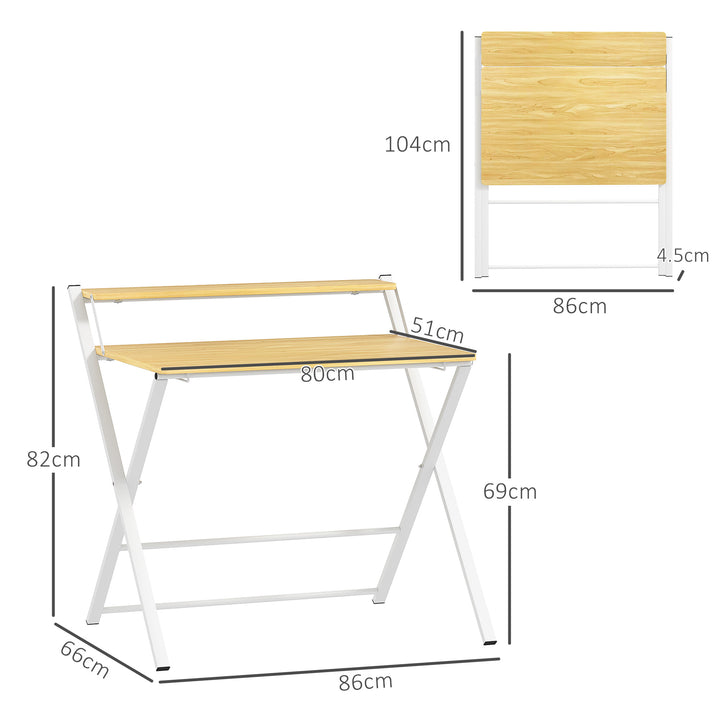 Compact Folding Desk for Small Spaces, Foldable Computer Desk with Storage Shelf for Home Office, 2-Tier Study Writing Table, 86 x 66 x 82 cm, Maple Wood-effect