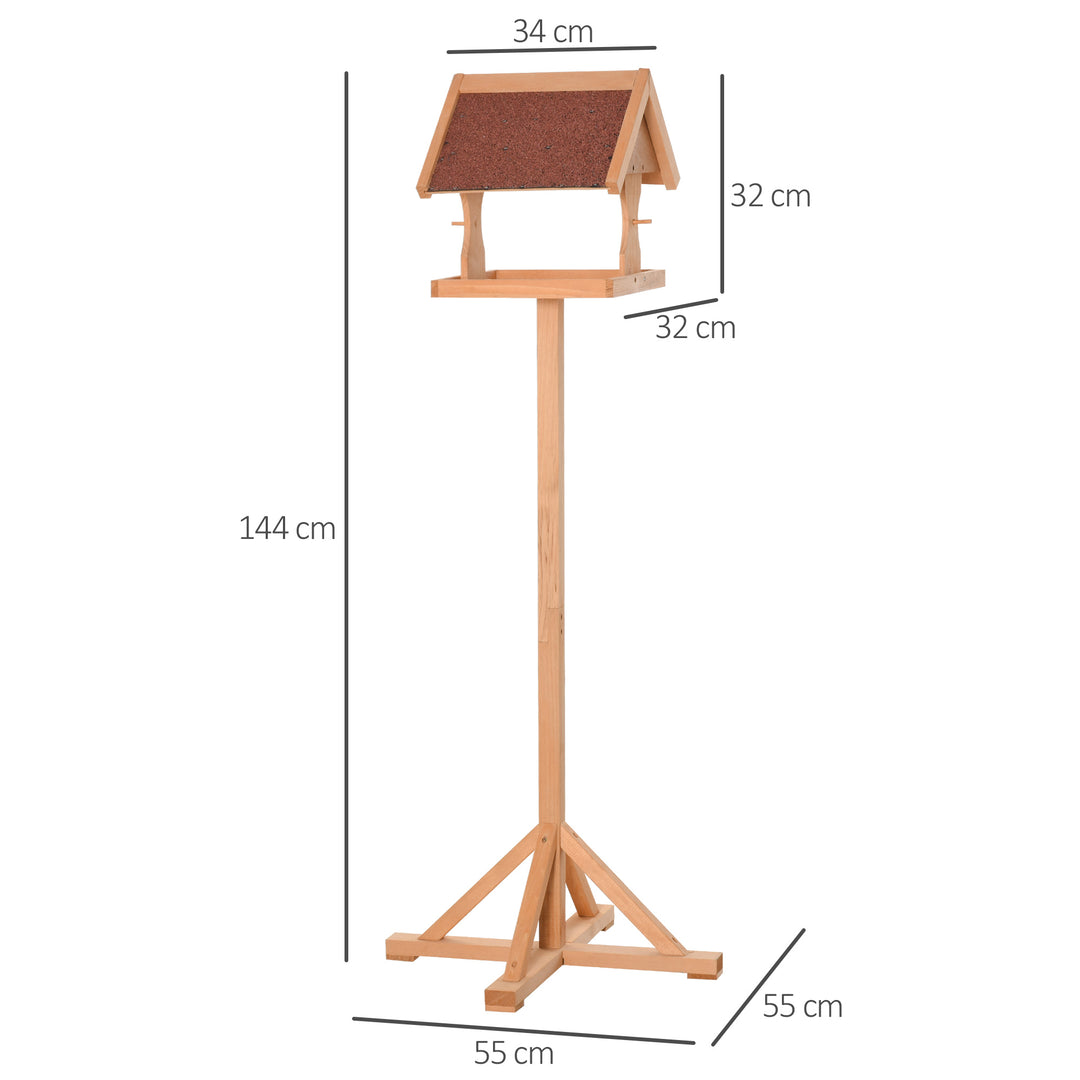 PawHut Bird Feeder Table, Wooden Freestanding Outdoor Feeding Station with Weatherproof Roof, Cross-shaped Base, Natural, 55 x 55 x 144cm | Aosom UK