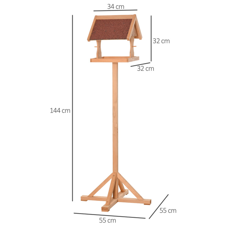 PawHut Bird Feeder Table, Wooden Freestanding Outdoor Feeding Station with Weatherproof Roof, Cross-shaped Base, Natural, 55 x 55 x 144cm | Aosom UK