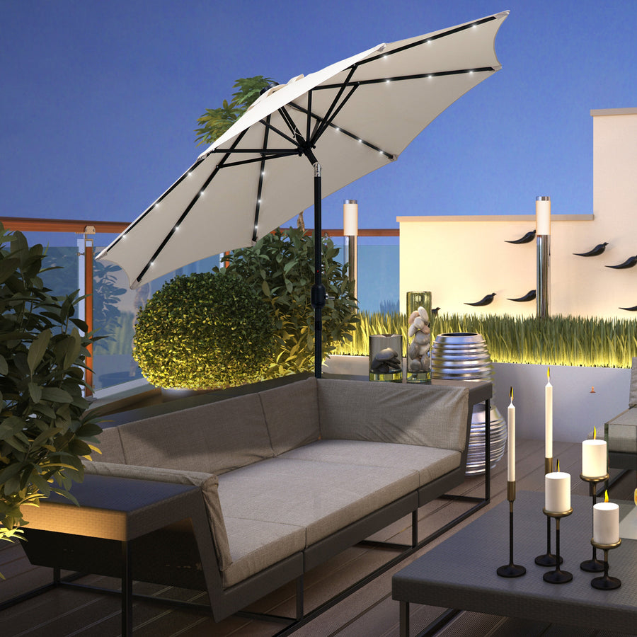 2.7m Patio Garden Umbrella Outdoor Parasol with Tilt Crank and 24 LEDs Lights (Cream)
