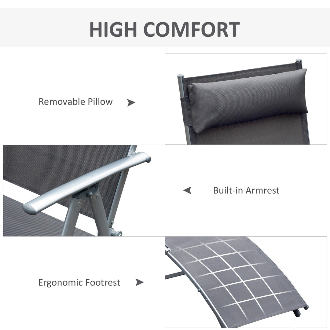 MCL Sun Lounger Steel Frame Outdoor Folding Chaise Texteline Lounge Chair Recliner with Headrest & 7 Levels Adjustable Backrest, Grey