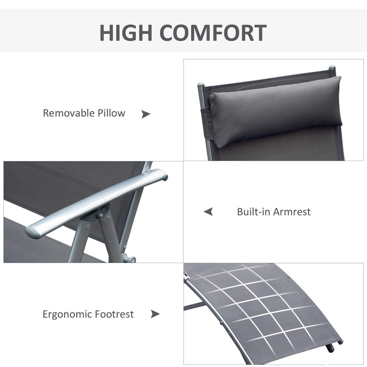 MCL Sun Lounger Steel Frame Outdoor Folding Chaise Texteline Lounge Chair Recliner with Headrest & 7 Levels Adjustable Backrest, Grey