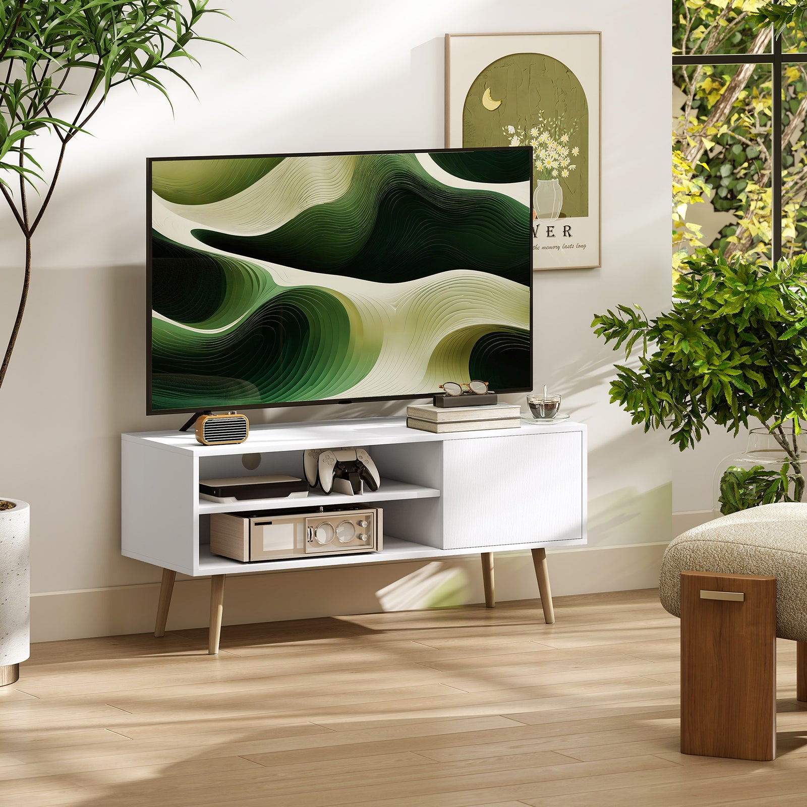 TV Stand up to 55 Inches, TV Unit with Open Shelves and Cable Holes - White