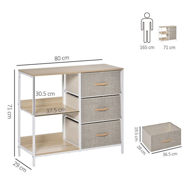 Chest of Drawers Storage Dresser Cabinet Organizer with 3 Fabric Drawers and 2 Display Shelves for Living Room, Bedroom, Hallway, Beige
