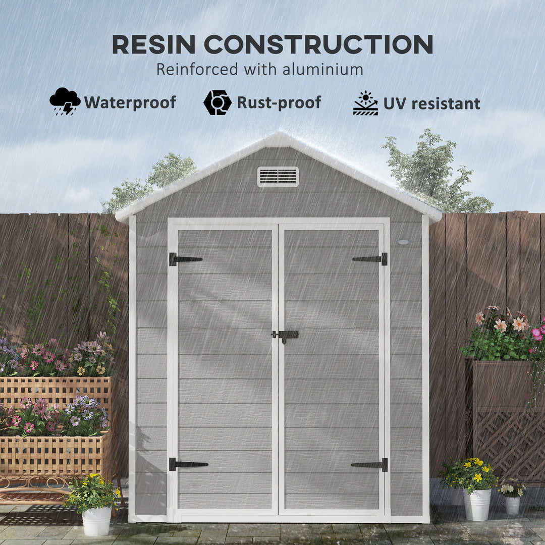 6 x 5ft Garden Shed, Plastic Shed with Floor, Window, Lockable Doors and Vents, Wood Effect Resin Tool Shed for Outdoor Patio, Dark Grey