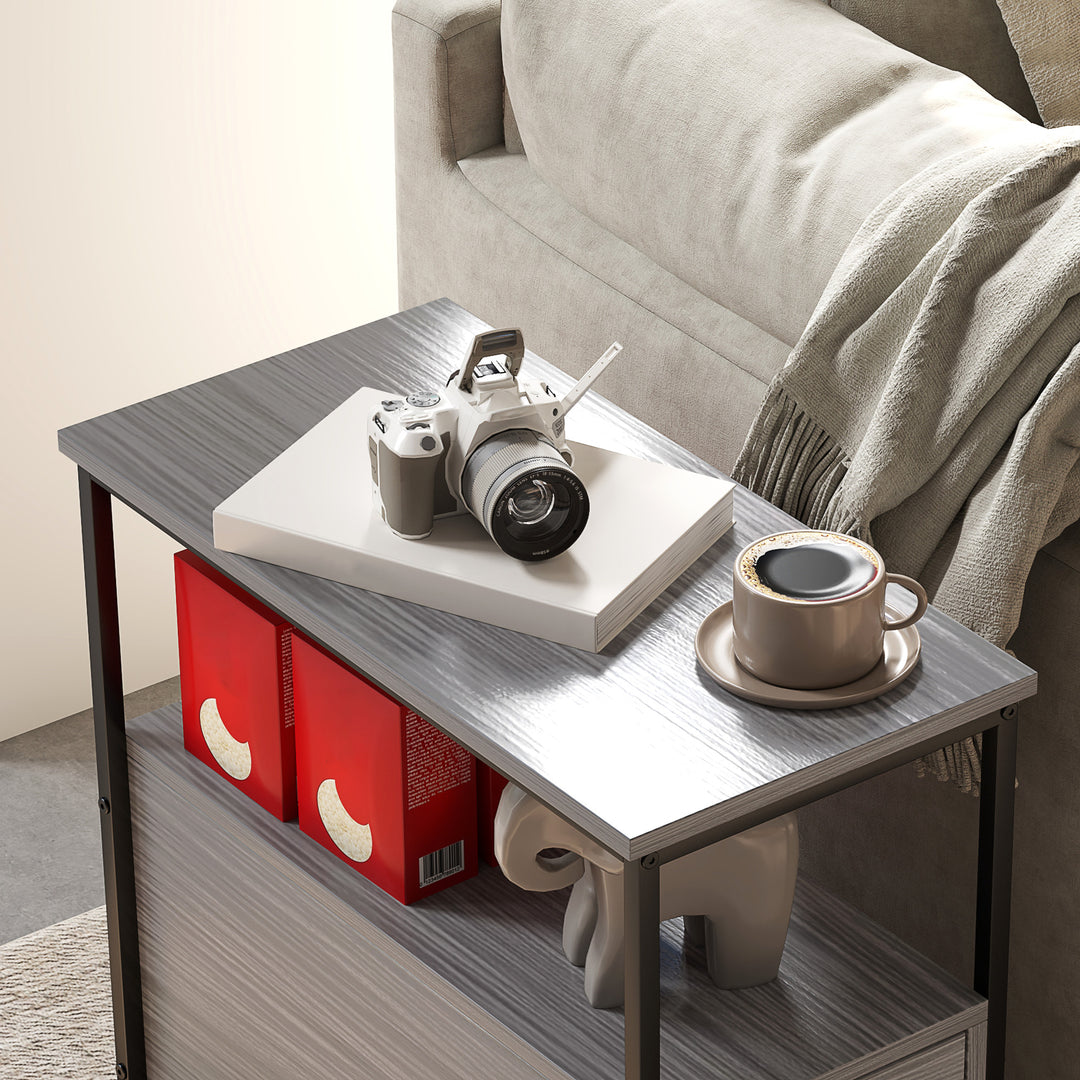 Side Table, Narrow Bedside Table with 2 Drawers and Storage Shelf, Industrial End Table with Metal Frame for Small Spaces, Grey Wood Grain
