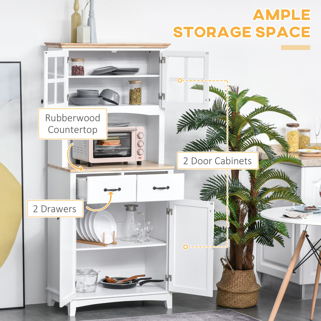 Freestanding Kitchen Cupboard, Kitchen Storage Cabinet with Framed Glass Doors, 2 Drawers, Microwave Counter, White