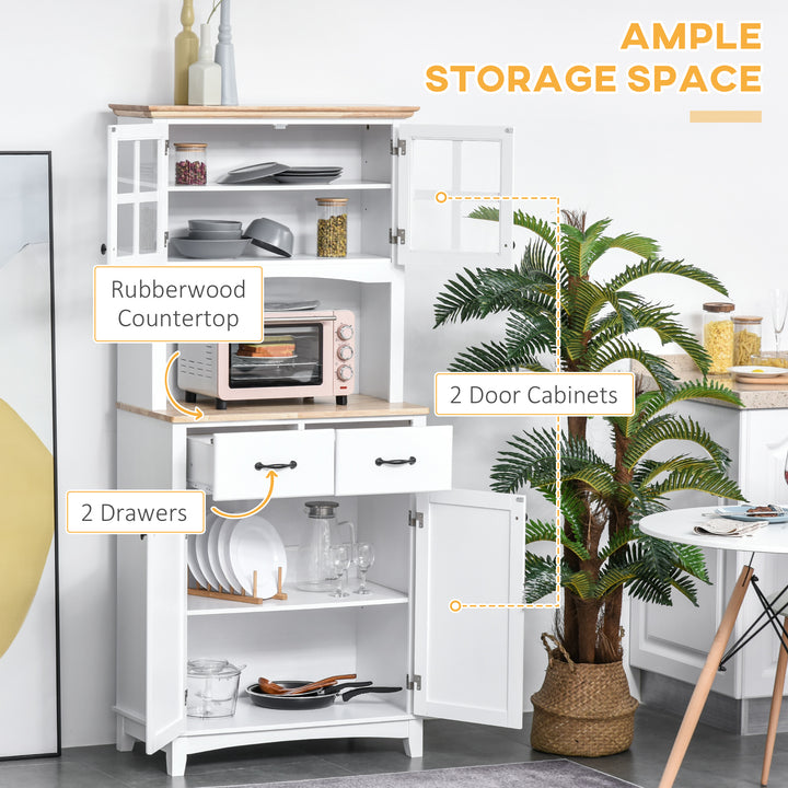 Freestanding Kitchen Cupboard, Kitchen Storage Cabinet with Framed Glass Doors, 2 Drawers, Microwave Counter, White