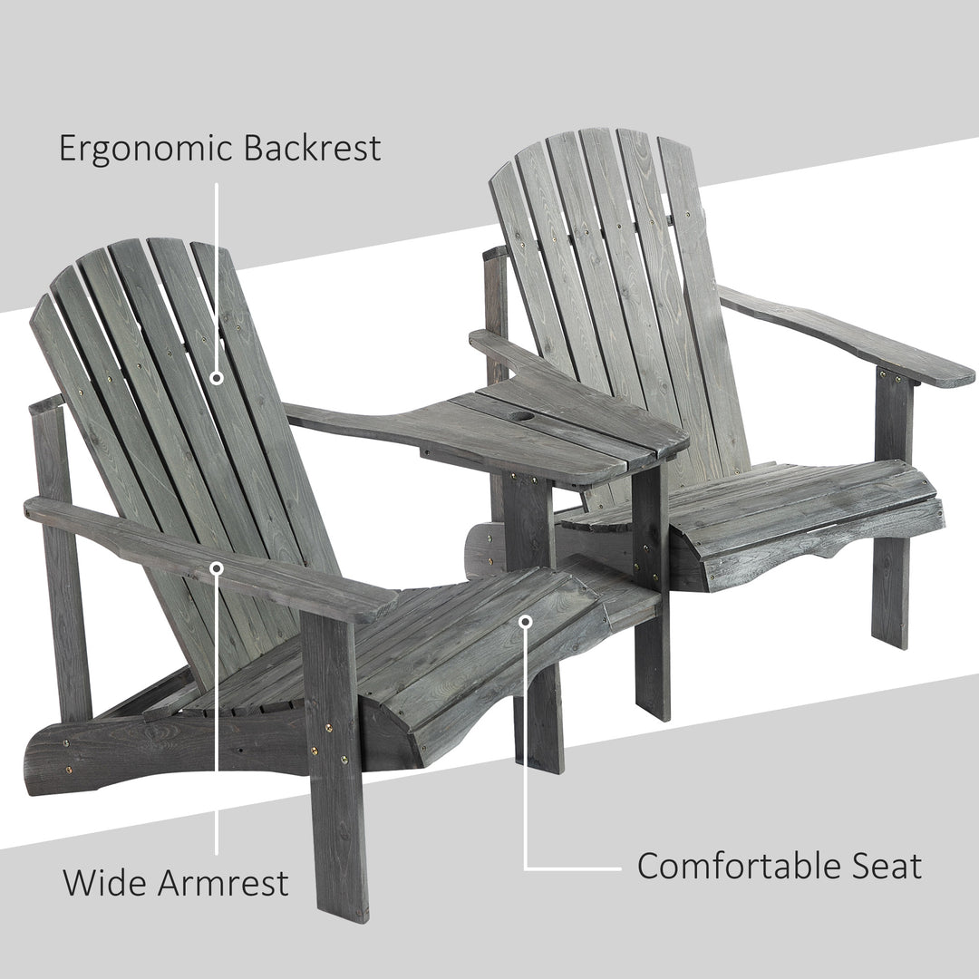 MCL Wooden Outdoor Double Adirondack Chairs Loveseat w/ Centre Table and Umbrella Hole, Garden Patio Furniture for Lounging and Relaxing, Grey
