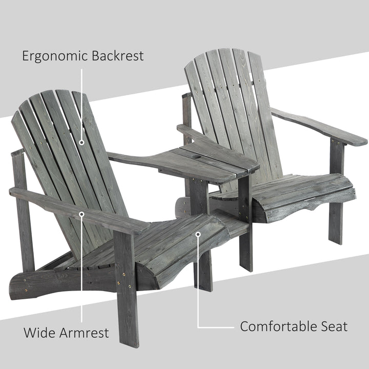 Wooden Outdoor Double Adirondack Chairs Loveseat w/ Centre Table and Umbrella Hole, Garden Patio Furniture for Lounging and Relaxing, Grey