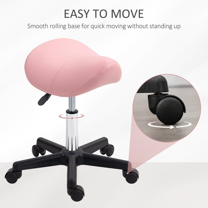Saddle Stool, PU Leather Adjustable Rolling Salon Chair with Steel Frame for Massage, Spa, Beauty and Tattoo, Pink