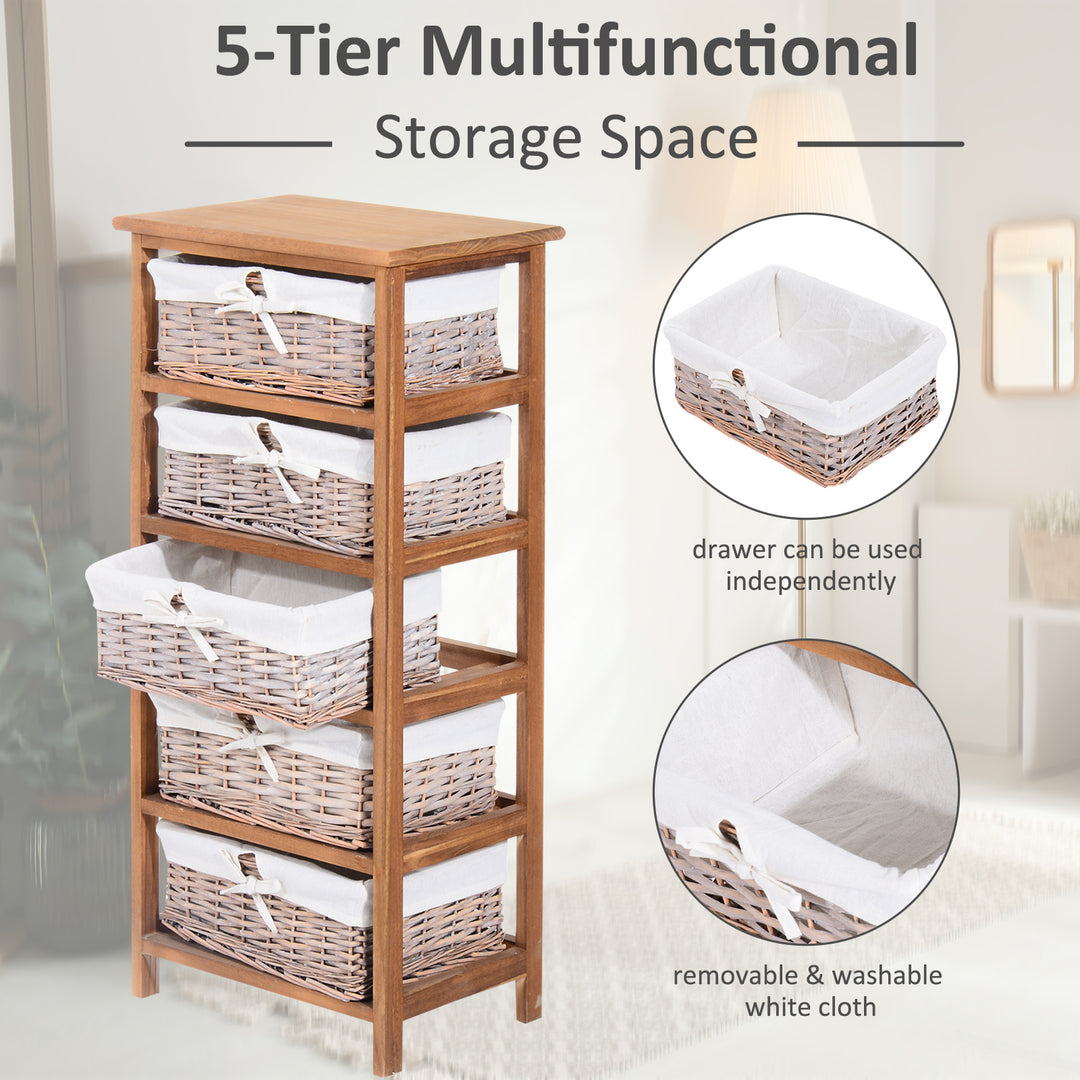 HOMCOM Wicker Basket Dresser, 5 Drawer Storage Shelf Unit with Wooden Frame for Home Organisation, Natural Finish | Aosom UK