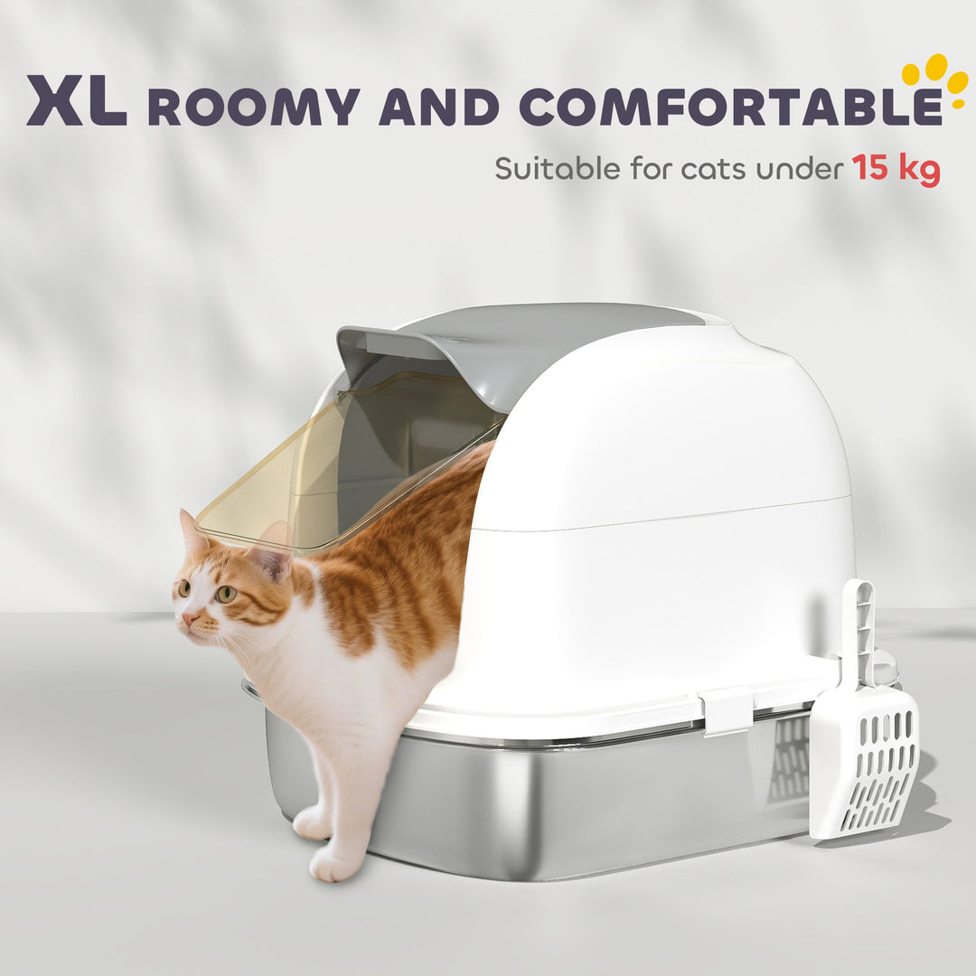 Stainless Steel Cat Litter Box with Lid, for Cats, Enclosed Cat Litter Box with Flip Cover, Scoop