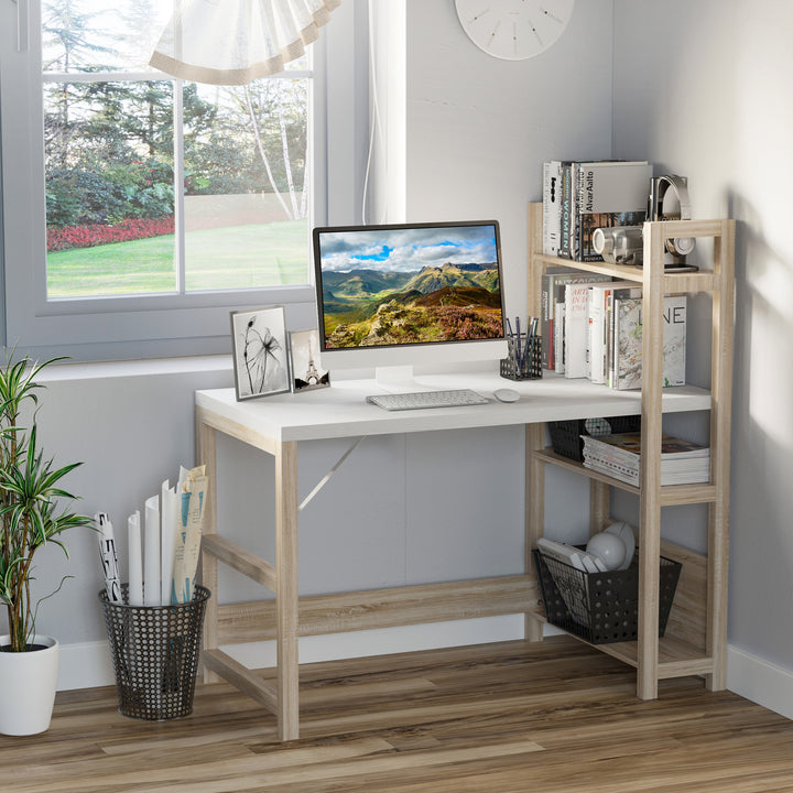 HOMCOM Computer Desk with shelves Office Desk Workstation,Writing Desk Computer PC Laptop Table Workstation, White Wood Grain | Aosom UK