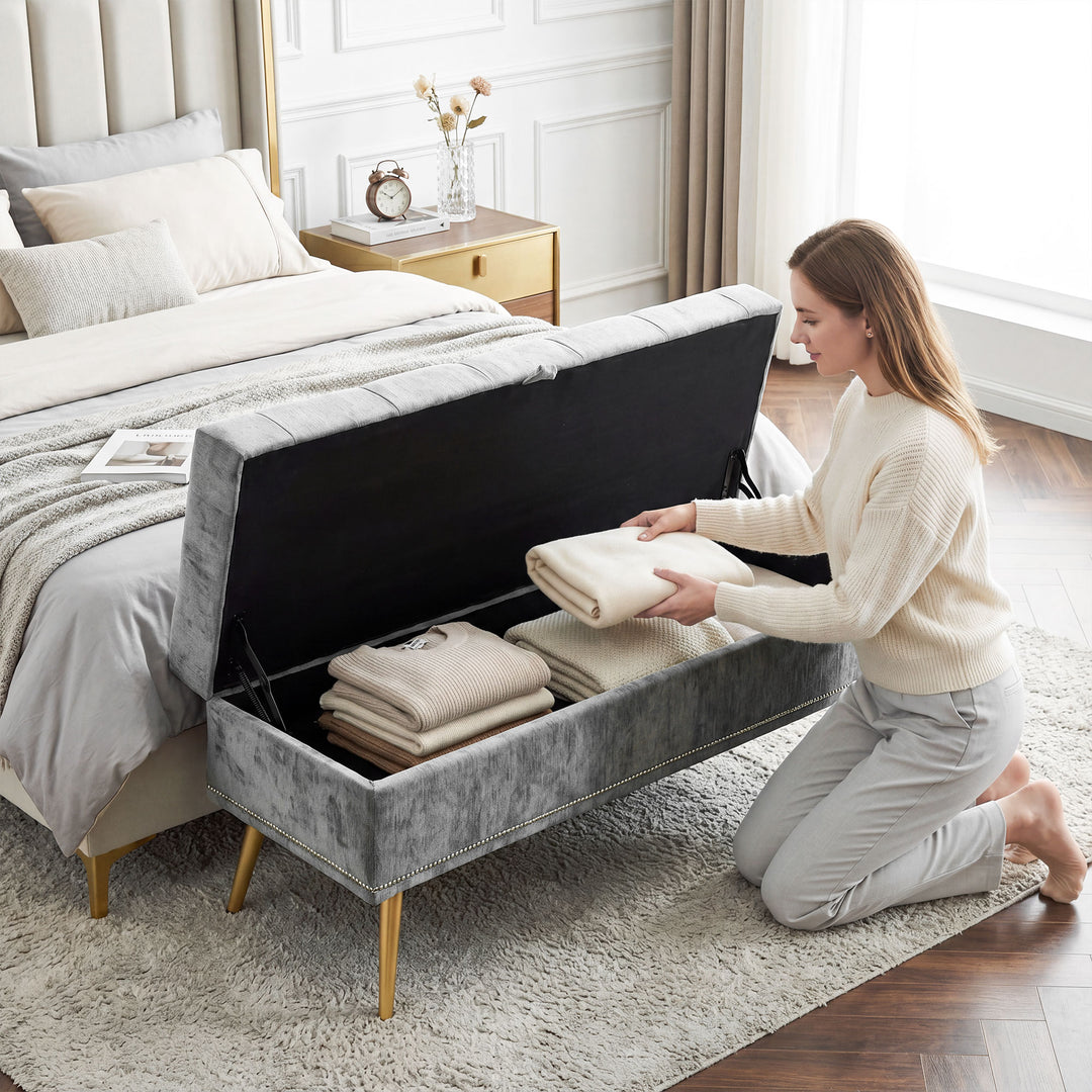 Storage Ottoman, Chenille Upholstered Ottoman Storage Box with Padded 