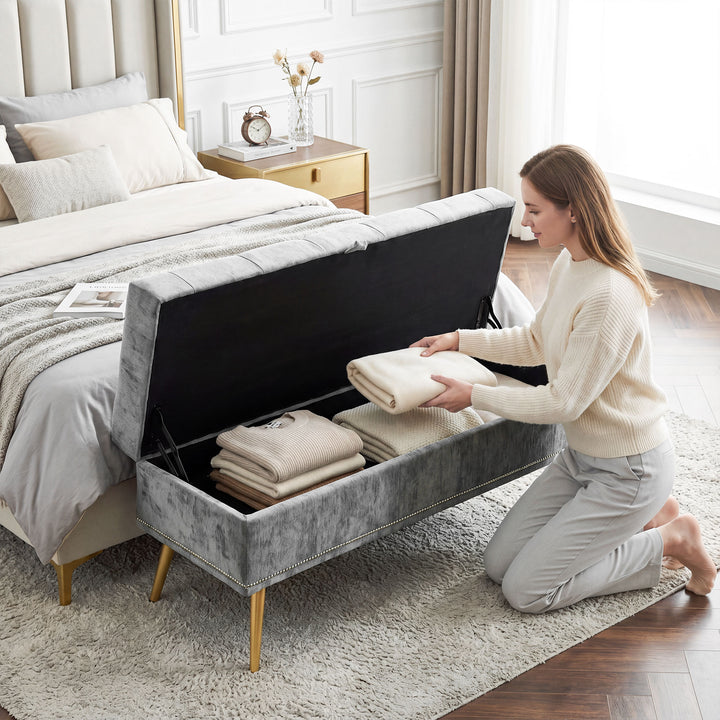Storage Ottoman, Chenille Upholstered Ottoman Storage Box with Padded 