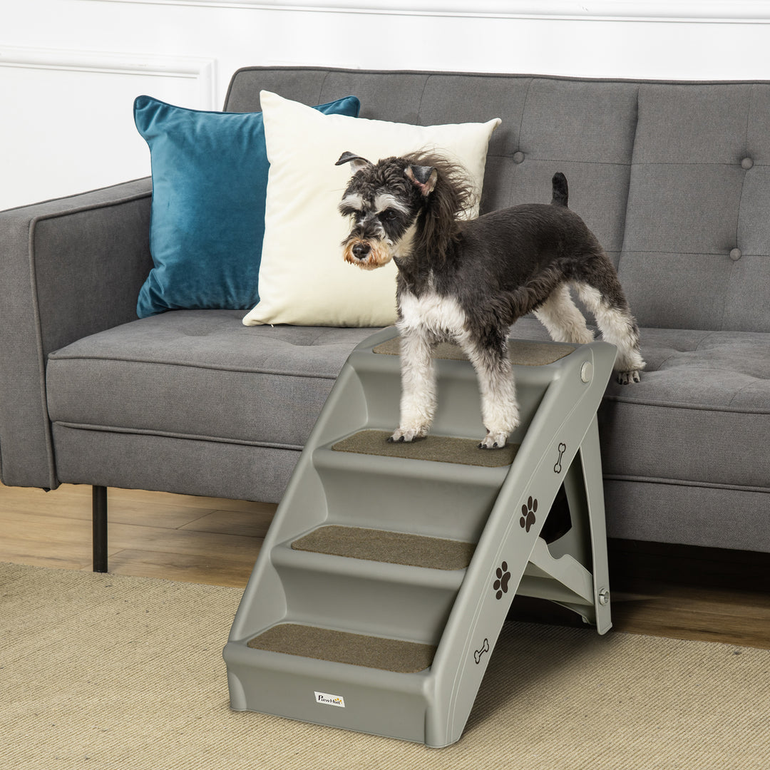 PawHut Foldable Pet Stairs, 4-Step for Cats Small Dogs with Non-slip Mats, 62 x 38 x 49.5 cm, Grey | Aosom UK