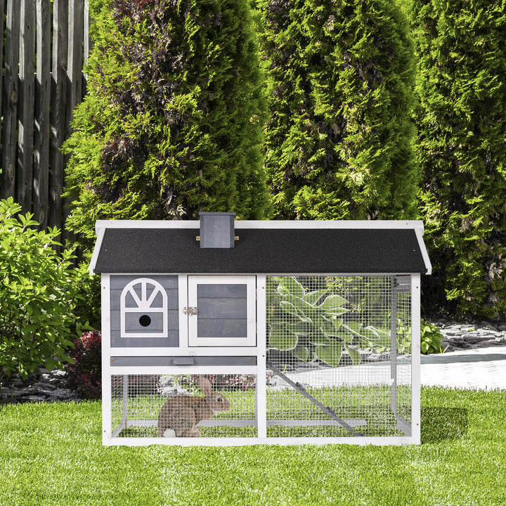 MCL Wooden Rabbit Hutch and Run with Sliding Tray, Ramp, Water-resistant Roof, for 2-4 Rabbits, Grey