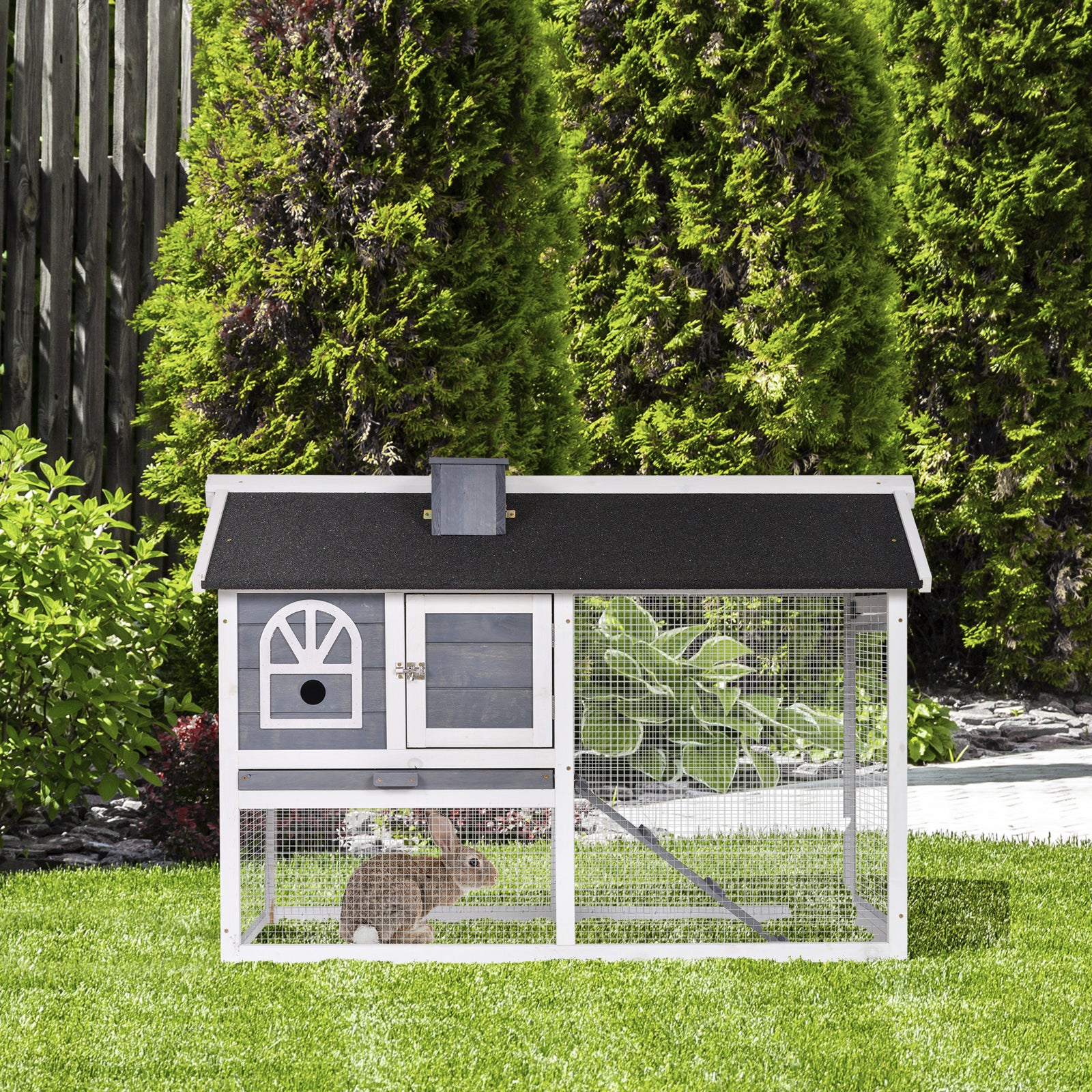 Wooden Rabbit Hutch and Run with Sliding Tray, Ramp, Water-resistant Roof, for 2-4 Rabbits, Grey