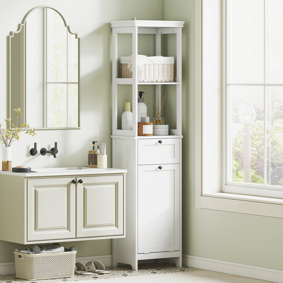 Tall Bathroom Cabinet, with Laundry Basket - White
