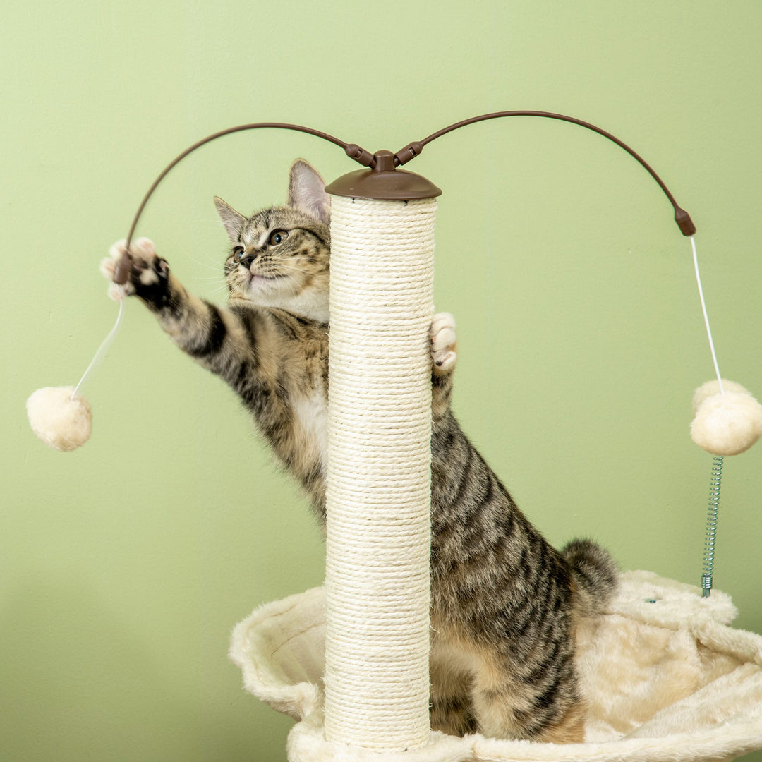 PawHut Cat Tree Indoor Kitten Play Tower, Sisal Scratching Posts with Hammock & Ball Toy, 53.5x53.5x90 cm, Beige | Aosom UK