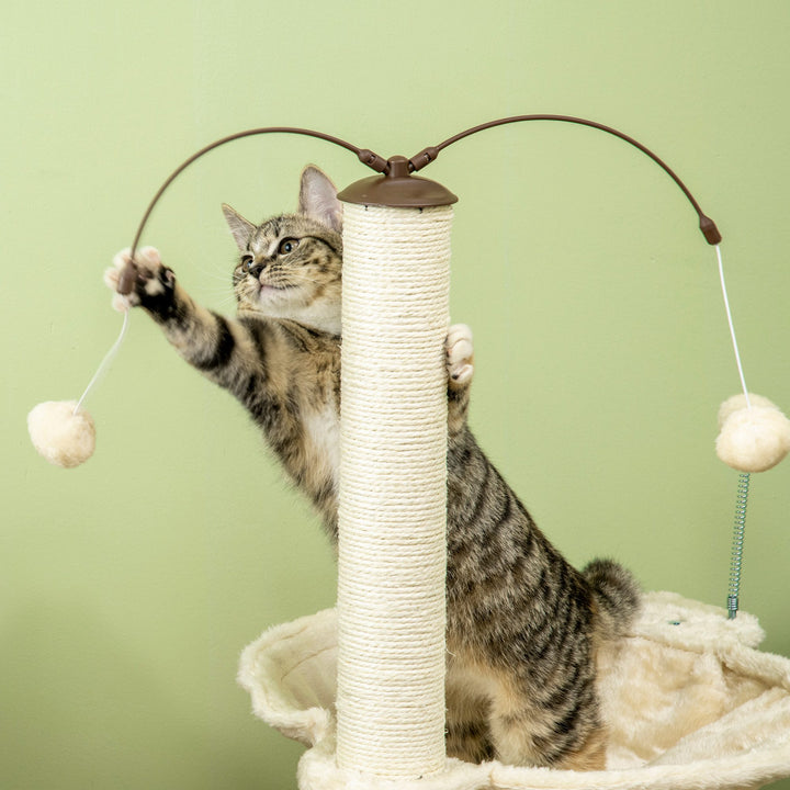 PawHut Cat Tree Indoor Kitten Play Tower, Sisal Scratching Posts with Hammock & Ball Toy, 53.5x53.5x90 cm, Beige | Aosom UK